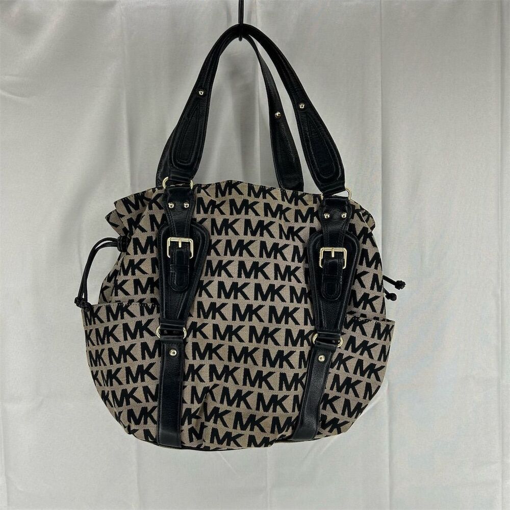 Vintage Michael Kors Monogram Tote Bag Black Beige Women's Shoulder